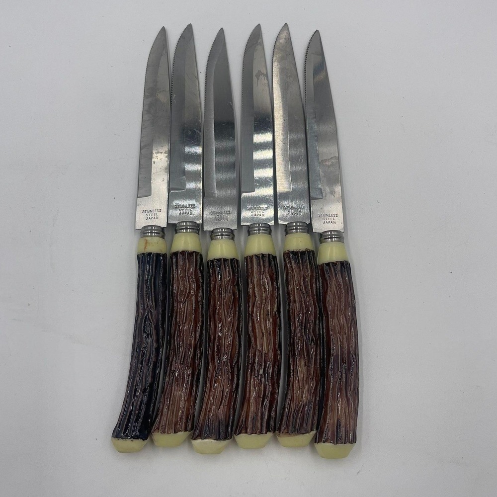 Mid Century Set of 6 Vintage Steak Knives Stainless Steel Japan Faux Antler